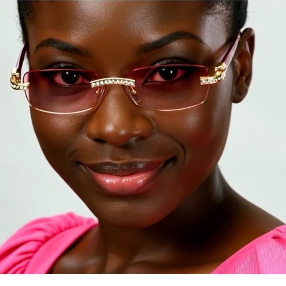 Rimless‎ Pink Gradient Lens Women Sunglasses Embellished Temples Candy Cane Arms